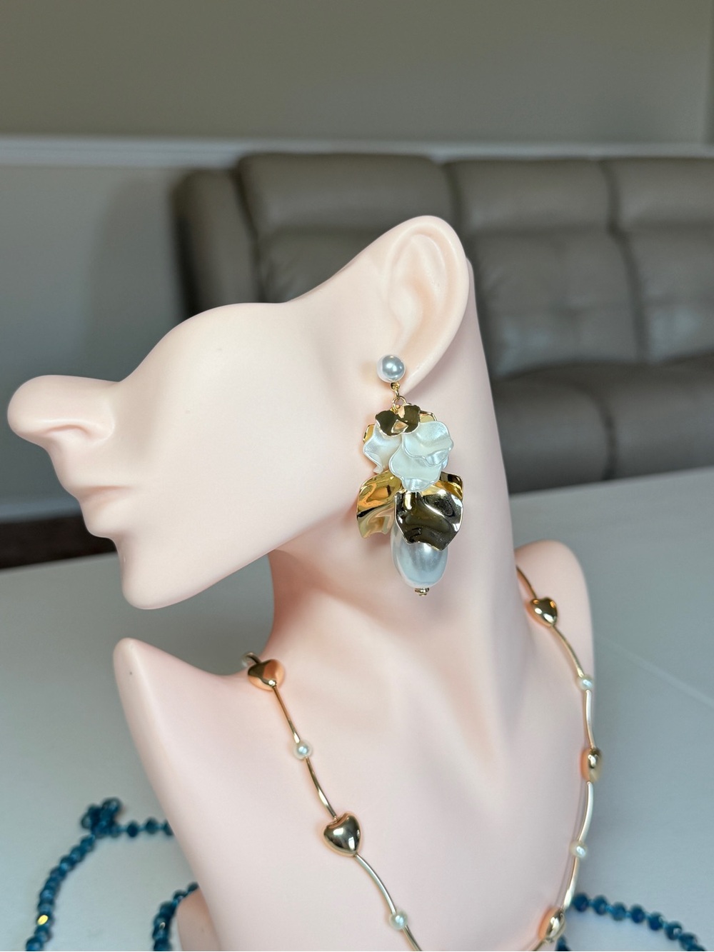 Bohemian Gold and White Pearl Floral Drop Earrings
